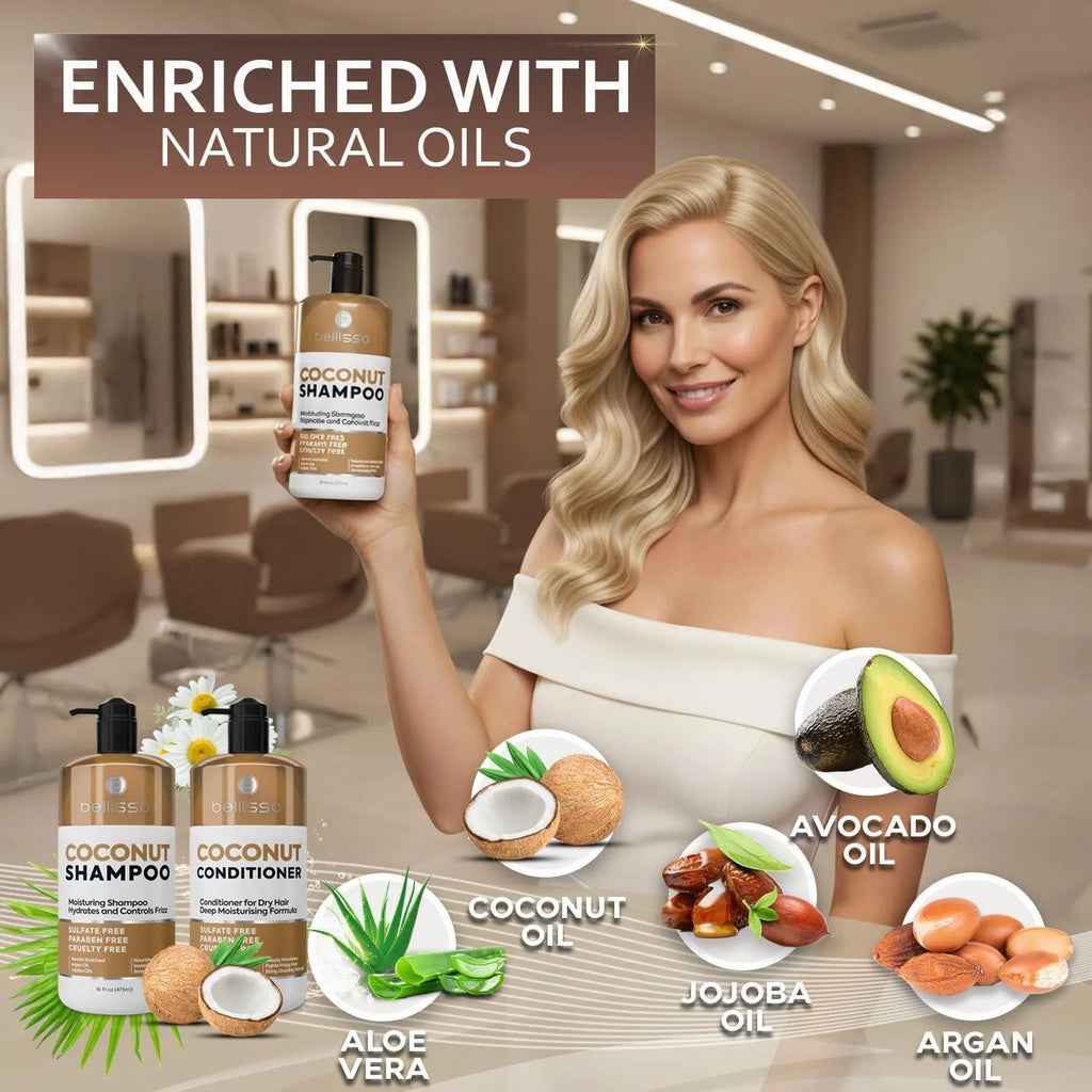 Coconut Shampoo and Conditioner Set 16 Fl Oz Set of 2 Sulfate Free Deep Moisturizing Hydrating anti Frizz Formula for Women and Men Professional Salon Grade Dry Damaged Hair Care Products