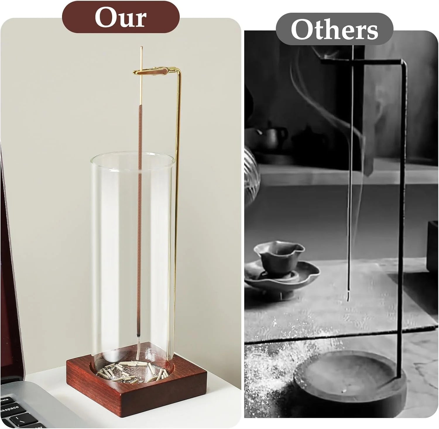 Incense Holder,Wooden Incense Holder for Sticks with 20 Incense Sticks, Anti-Ash Incense Burner with Glass Ash Catcher for Meditation Yoga Spa Gift Home Decor