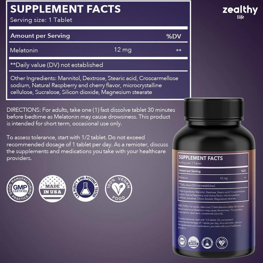 Melatonin 12Mg Fast Dissolve Tablets – Natural Berry Flavor 100 Count – Extra Strength Sleep Support for Adults – Non Habit Forming 100 Day Supply