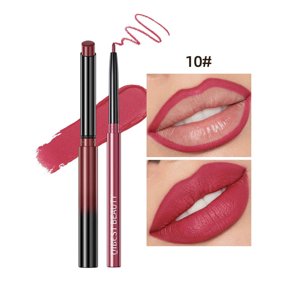 QIBEST 2Pcs Lipstick Lipliner Pen Set Matte Nude Lip Liner Pencil Waterproof Long Lasting Lipstick Pen Contour Makeup for Women
