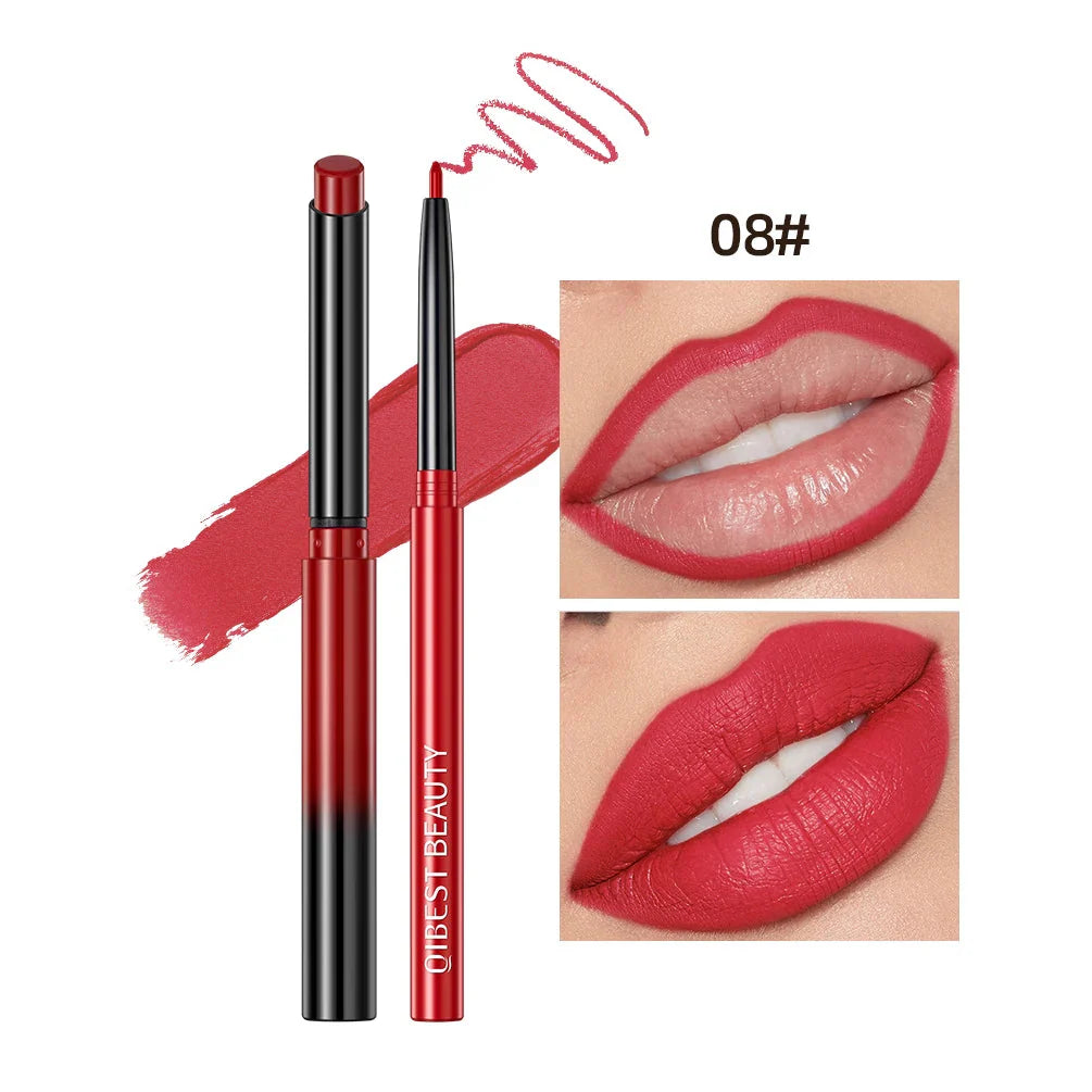 QIBEST 2Pcs Lipstick Lipliner Pen Set Matte Velvet Lip Liner Pencil Contour Makeup Sexy Red Lip Stick Long Lasting Cosmetics