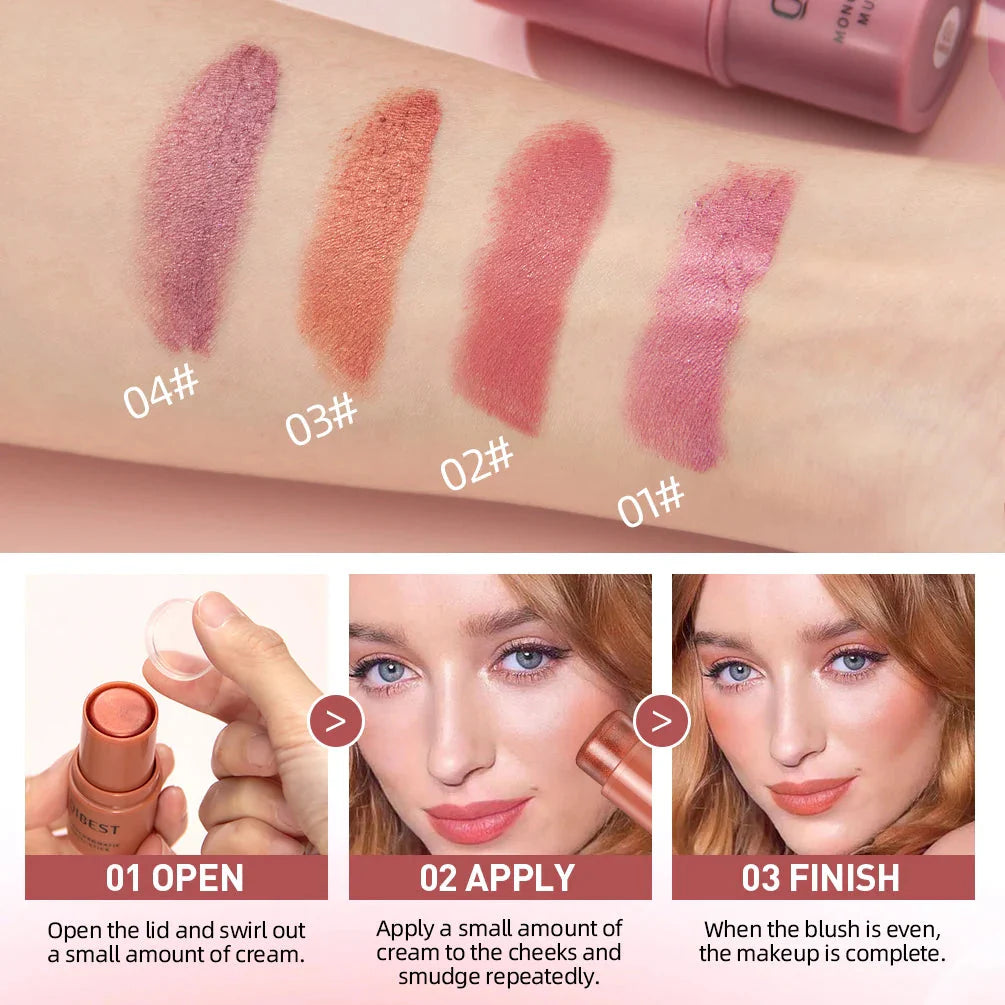 3-In-1 Cheek Blush Stick Lip Tinted Eyes Cheek Lips Brighten Cream Water-Resistant Moisturizing Face Contouring Shadow Blusher