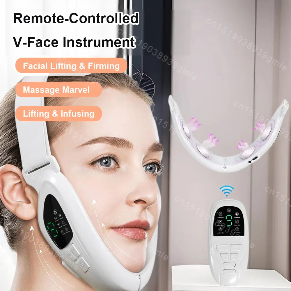 White 4 in 1 Massager for Face, Facial Sculpting Device for Double Chin, Reduces Sagging Skin, Remote Control Operation with 5 Modes, 15 Adjustable Intensities. (White)