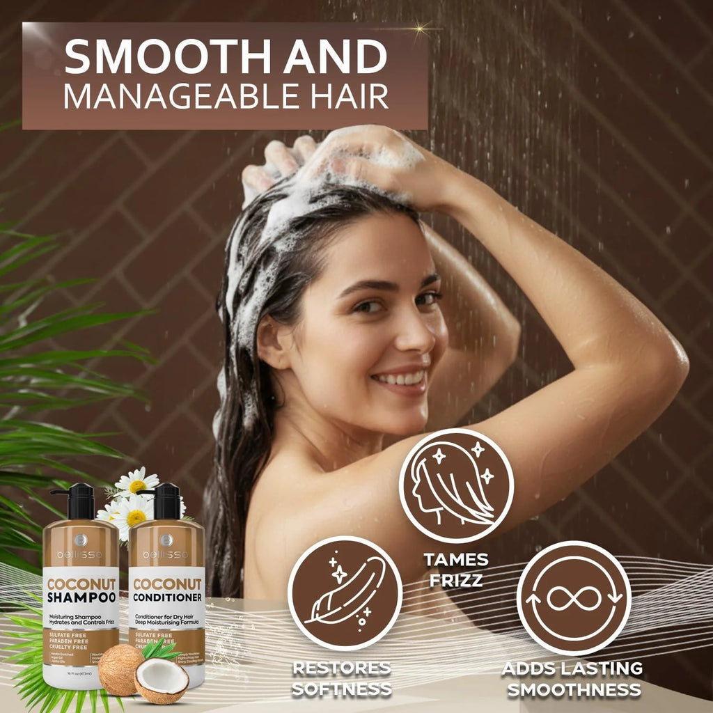 Coconut Shampoo and Conditioner Set 16 Fl Oz Set of 2 Sulfate Free Deep Moisturizing Hydrating anti Frizz Formula for Women and Men Professional Salon Grade Dry Damaged Hair Care Products