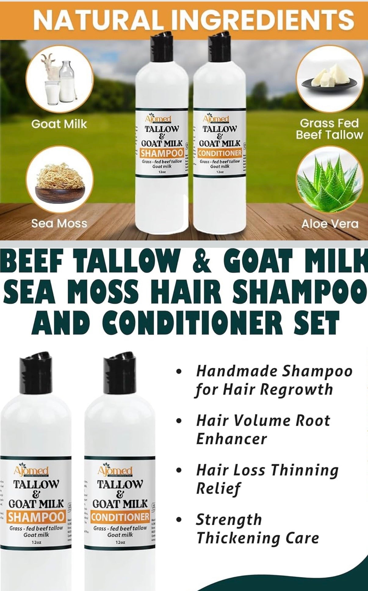 Beef Tallow Shampoo and Conditioner Set with Goat Milk 16.9 Fl Oz Pack of 2 Sulfate Free Moisture for Women Men for Dry Itchy Scalp Hydrating Thickening Volume Care for Thinning Hair