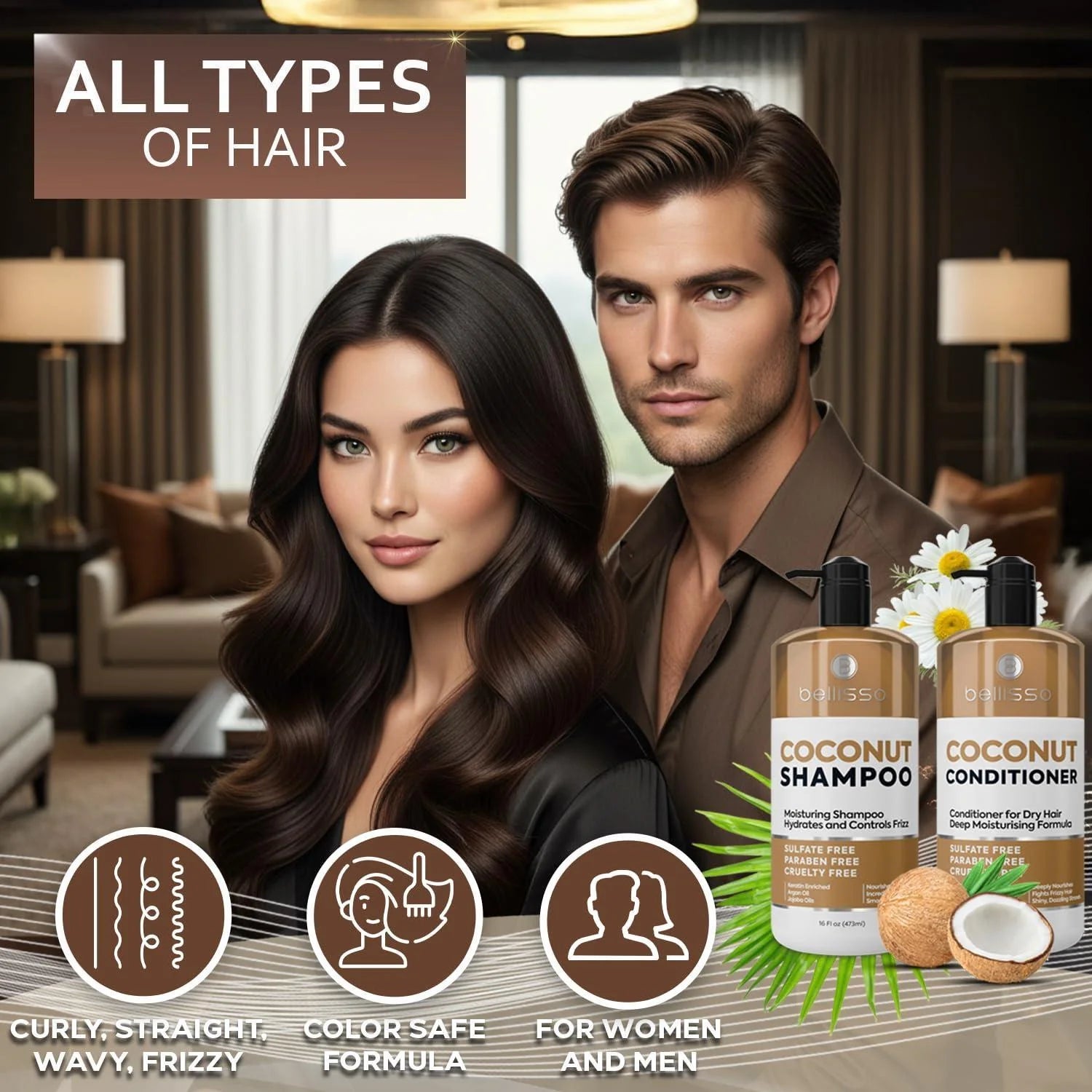 Coconut Shampoo and Conditioner Set 16 Fl Oz Set of 2 Sulfate Free Deep Moisturizing Hydrating anti Frizz Formula for Women and Men Professional Salon Grade Dry Damaged Hair Care Products