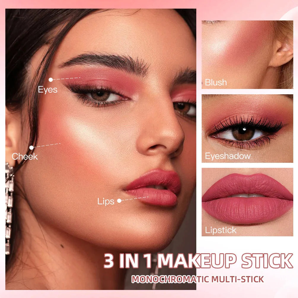 3-In-1 Cheek Blush Stick Lip Tinted Eyes Cheek Lips Brighten Cream Water-Resistant Moisturizing Face Contouring Shadow Blusher