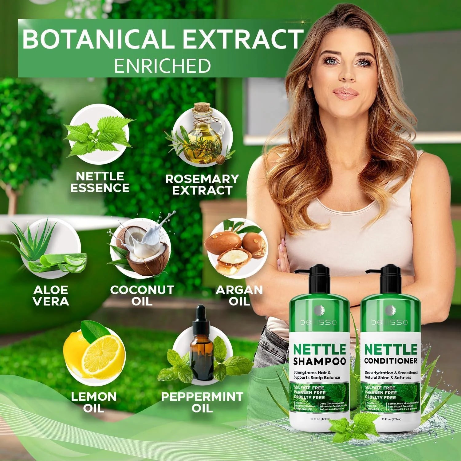 Nettle Shampoo and Conditioner Set 16.9 Fl Oz 2 Pack Sulfate Free to Boost Volume Thickening Strengthening Volumizing Formula for Fine and Thinning Hair Women and Men (Pack of 2)