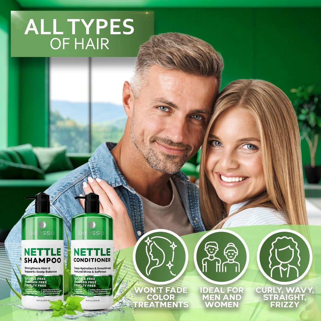 Nettle Shampoo and Conditioner Set 16.9 Fl Oz 2 Pack Sulfate Free to Boost Volume Thickening Strengthening Volumizing Formula for Fine and Thinning Hair Women and Men (Pack of 2)