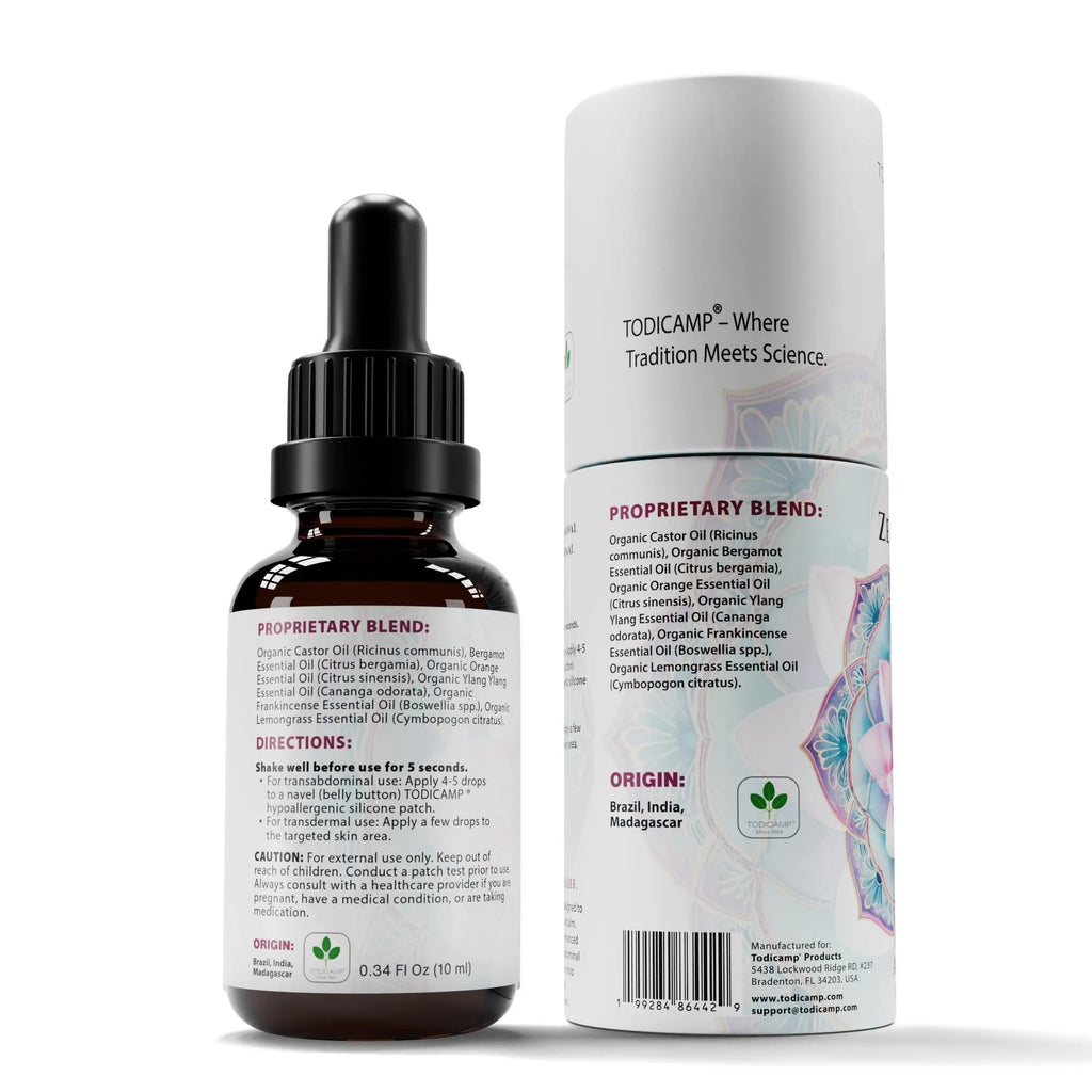 Anxiolytic Calming Essential Oil Blend for Relief & Relaxation 0.34Oz Bergamot Orange Ylang Ylang Frankincense Lemongrass in Castor Oil Navel Patch & Skin Application Cold Pressed