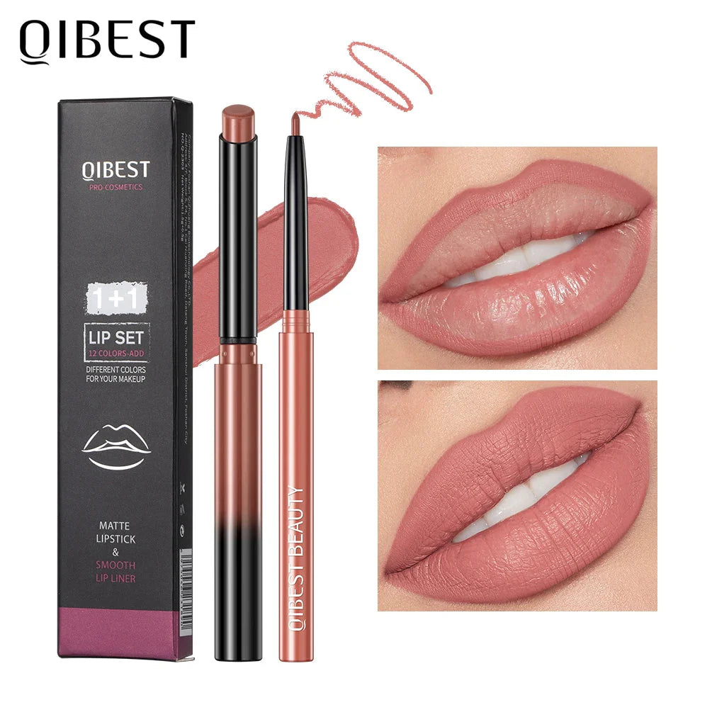QIBEST 2Pcs Lipstick Lipliner Pen Set Matte Nude Lip Liner Pencil Waterproof Long Lasting Lipstick Pen Contour Makeup for Women