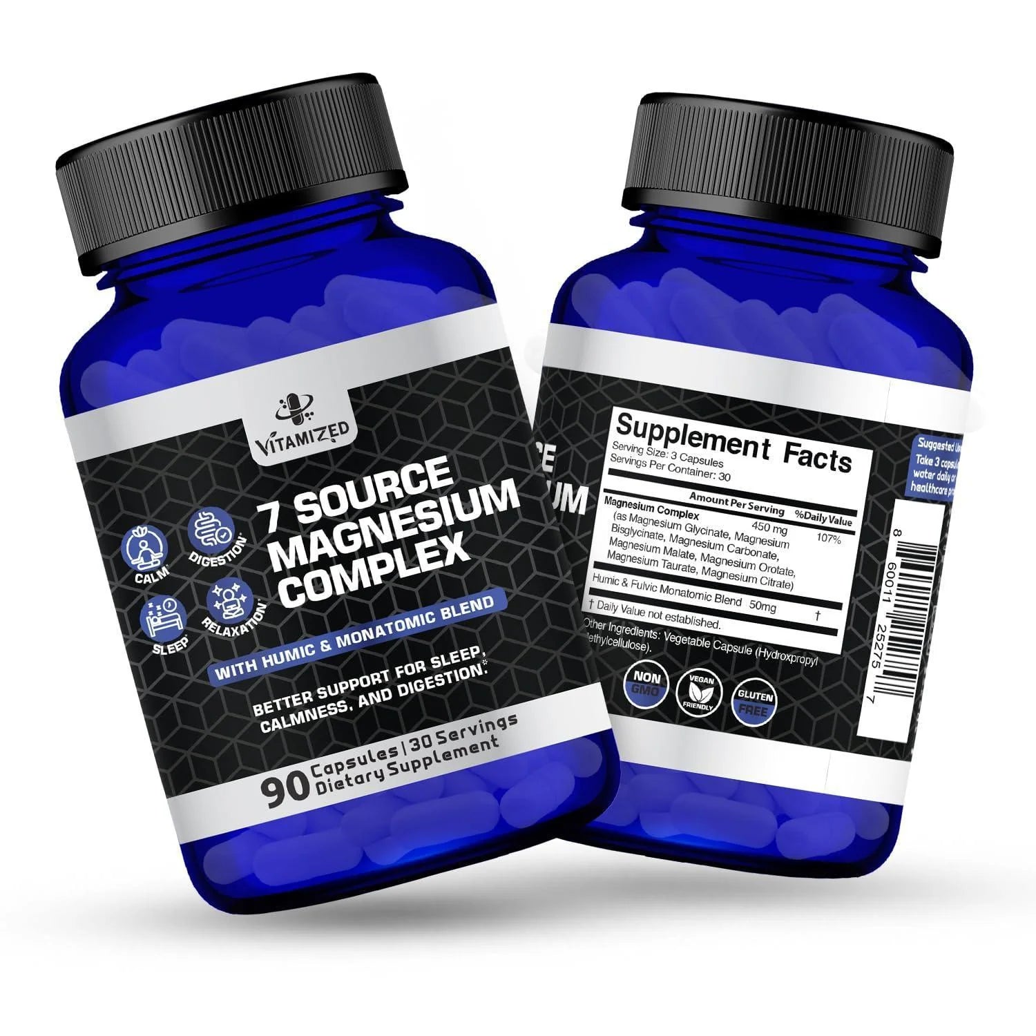 Magnesium Complex for Sleep Relaxation Digestion & Calm 90 Ct Magnesium Glycinate Citrate Bisglycinate Carbonate Malate Orotate Taurate Humic Fulvic for High Absorption